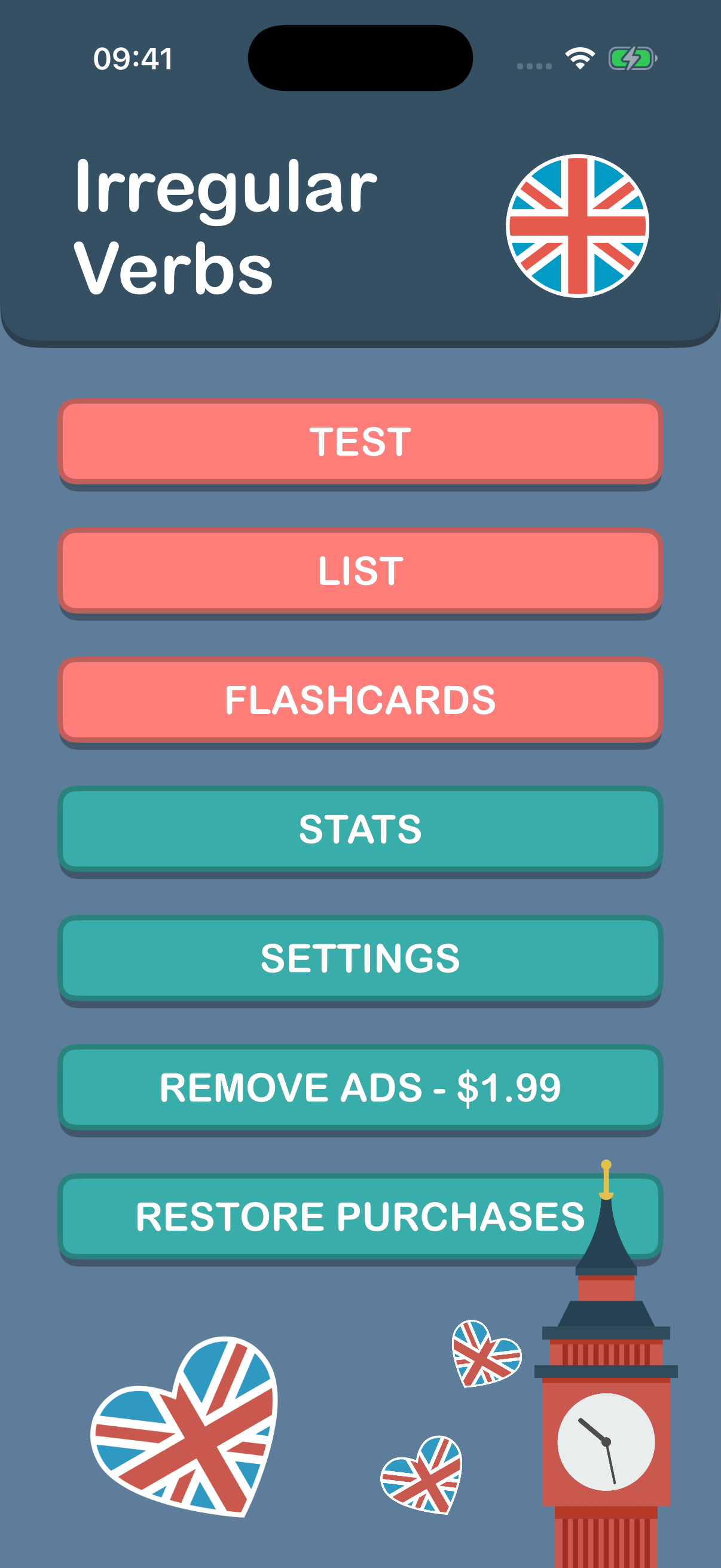 Irregular Verbs home screen on iPhone 17 Pro, including its Dynamic Island and Test, List, Flashcards, Stats and Settings